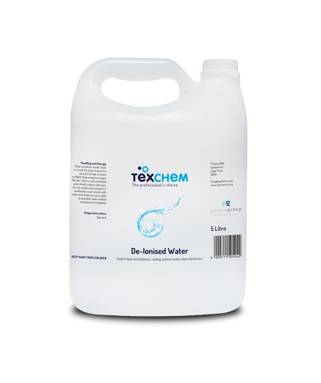 Texchem ™ - Ind - De-ionised Water "Di-H2O" - Liquid - 5ltr Can
